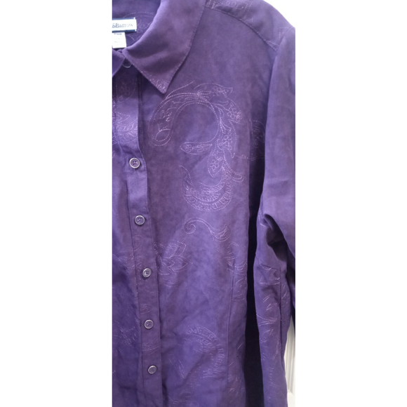 Croft & Barrow Womens Button Front Blouse Faux Suede Sz 1x Purple Soft Paisley - Picture 7 of 10